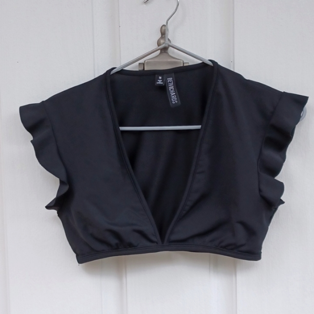 BETH RICHARDS Deep Plunge Ruffle Swim Top Sz M